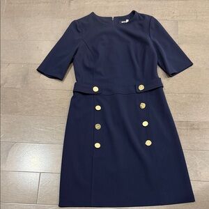 EUC DKNy sz 6 Elegant Navy Blue Dress with Gold Accents